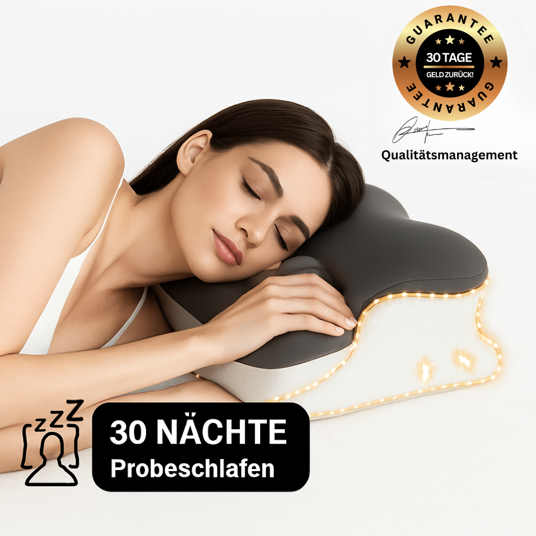 Entspannte Frau mit orthopädischem Kissen 30 Nächte Probeschlafen und Nackenschmerzen lindern